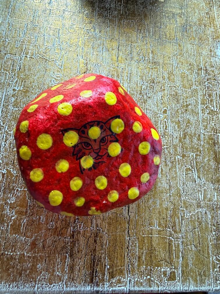 Painted stone No. 59, decorated as: Red with yellow dots